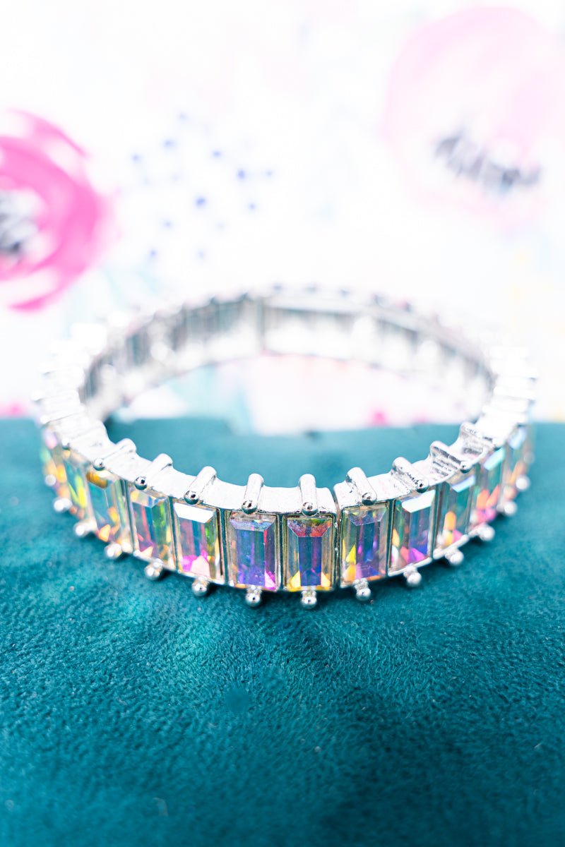 Iridescent Jazzy Jewels Silvertone Stretch Bracelet - Wholesale Accessory Market