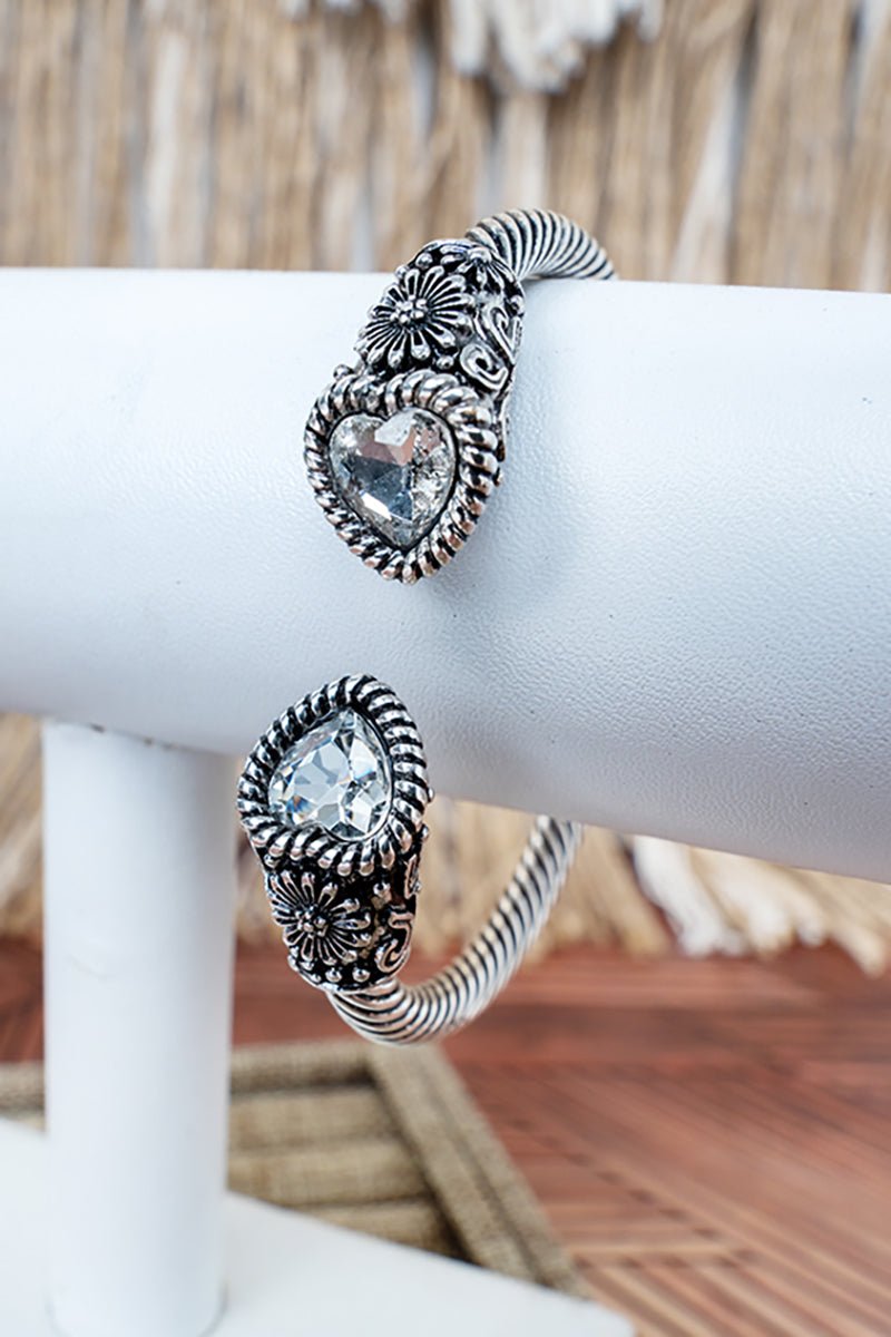 Second Glance Crystal Heart Silvertone Twist Cuff Bracelet - Wholesale Accessory Market