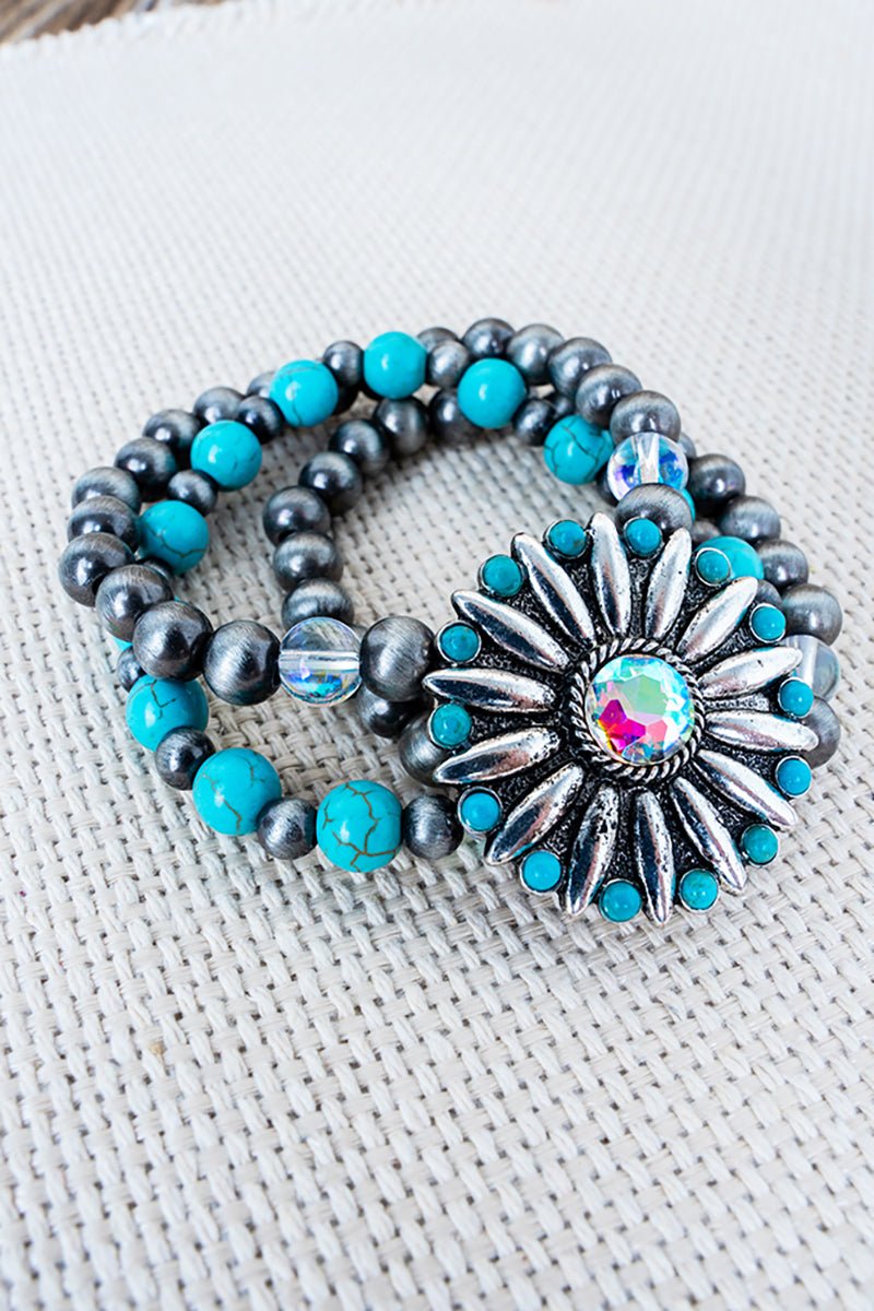 Wolf Valley Turquoise & Silver Pearl Beaded Bracelet - Wholesale Accessory Market