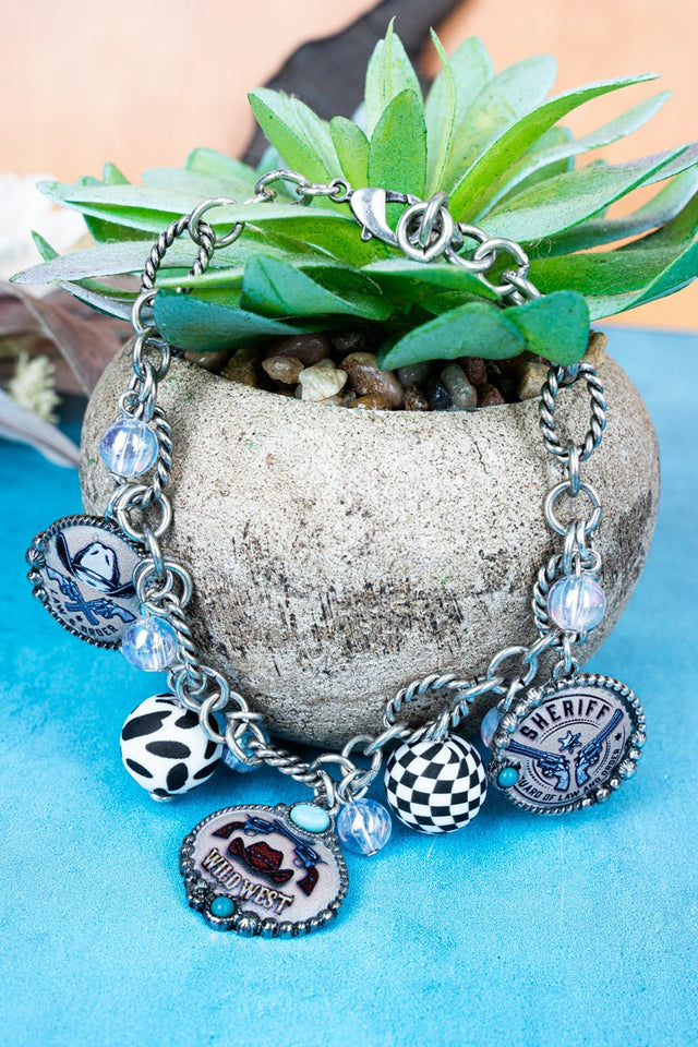 Wild West Sheriff Silvertone Charm Bracelet - Wholesale Accessory Market