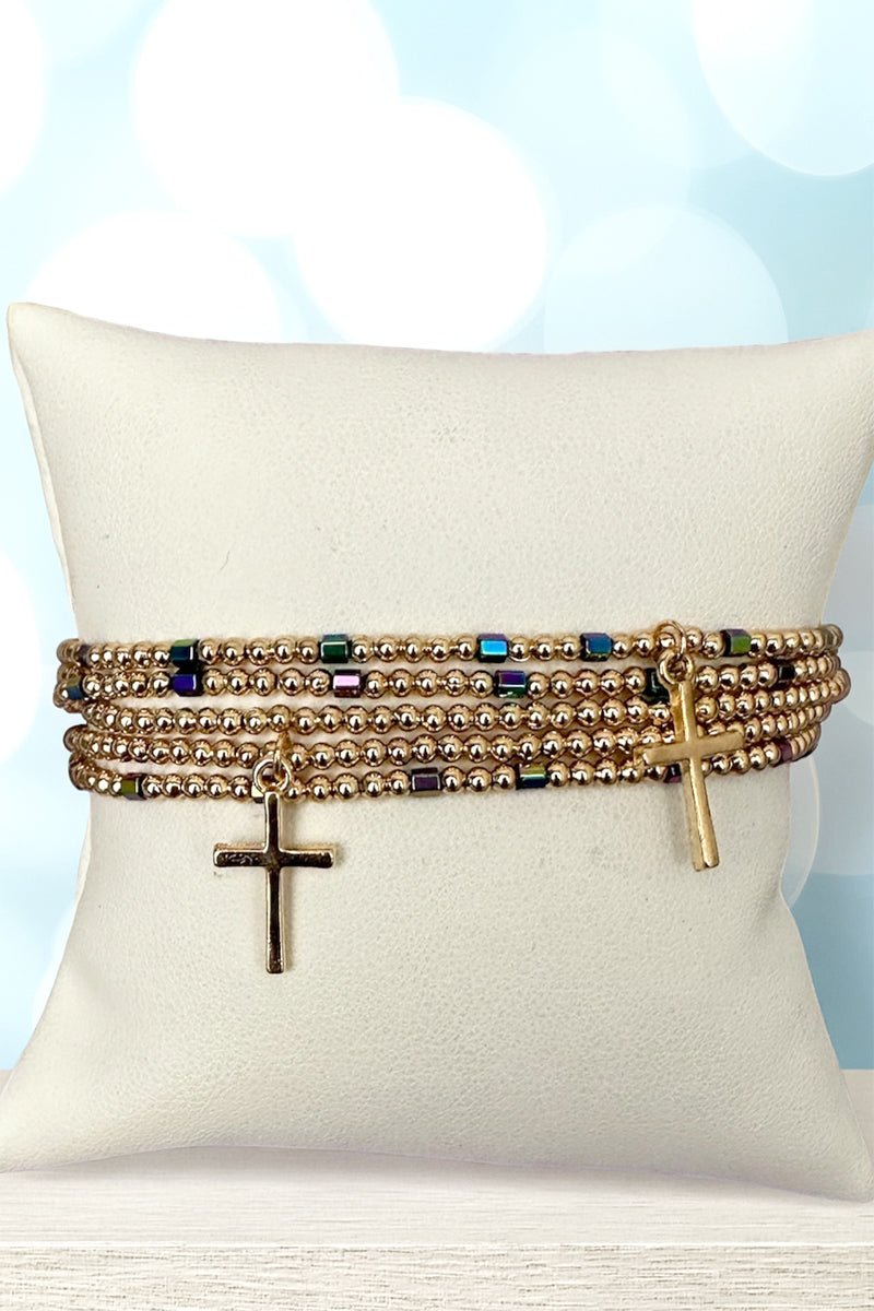 Icon of Faith Dark Iridescent Beaded Goldtone Bracelet Set - Wholesale Accessory Market