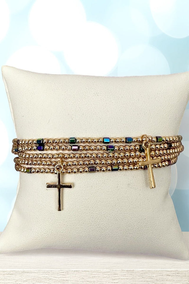Icon of Faith Dark Iridescent Beaded Goldtone Bracelet Set - Wholesale Accessory Market