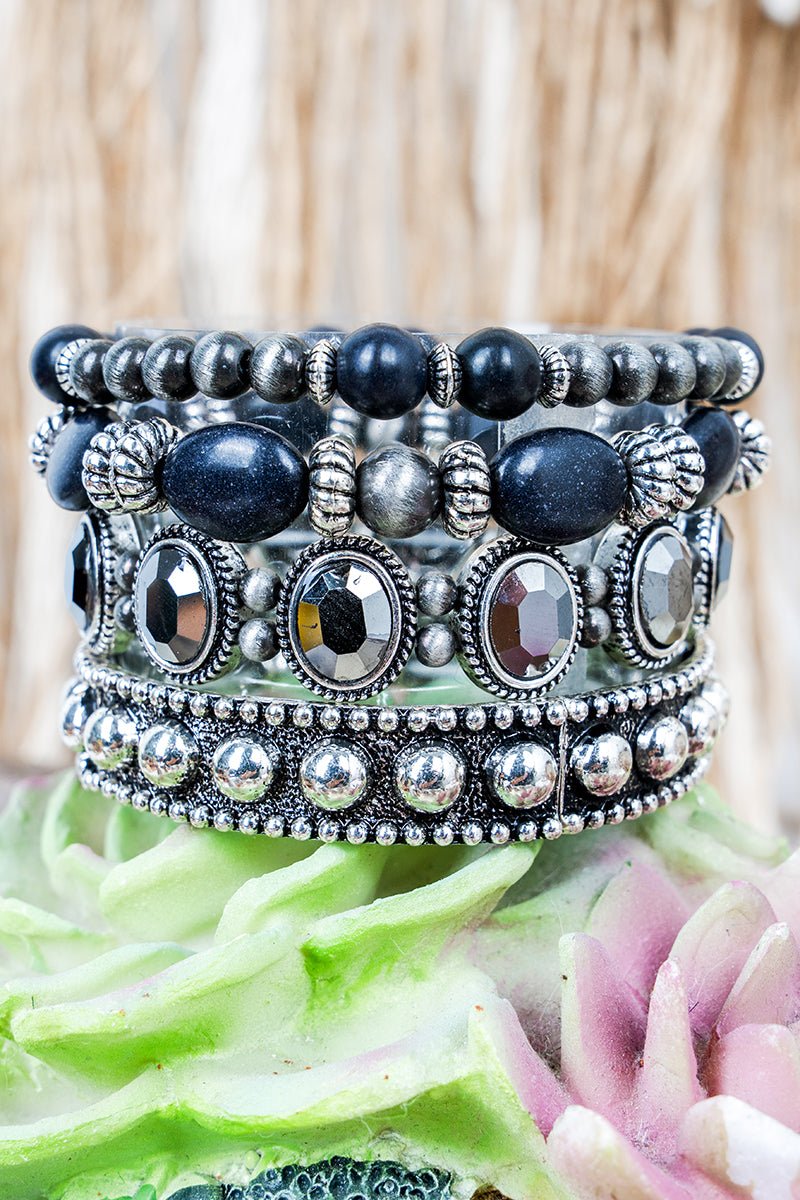Black Moonlit Mesa Silvertone Bracelet Set - Wholesale Accessory Market