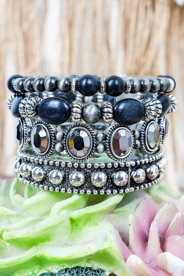 Black Moonlit Mesa Silvertone Bracelet Set - Wholesale Accessory Market