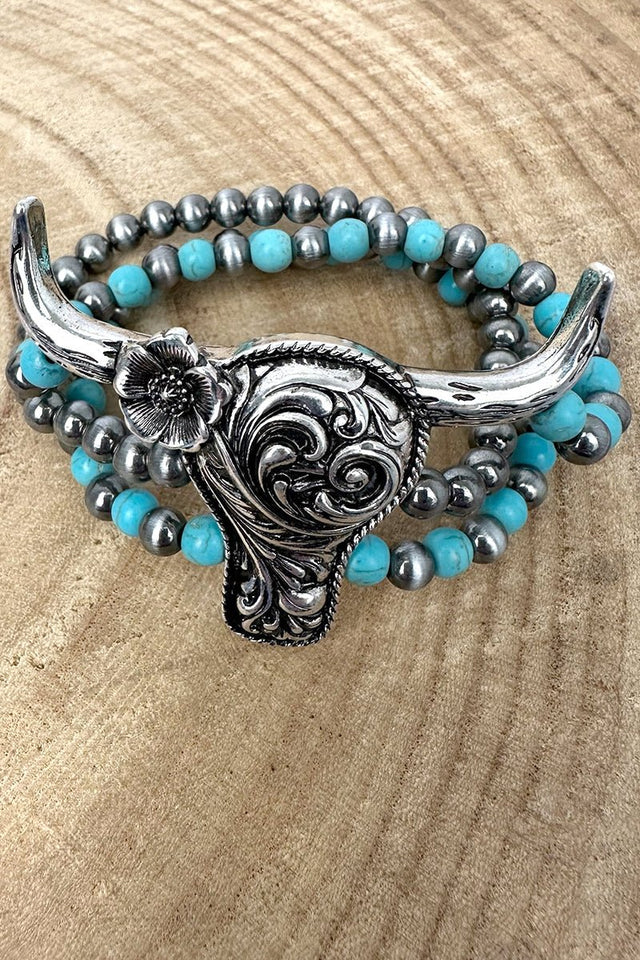 Sunpetal Steer Turquoise & Silver Pearl Bracelet - Wholesale Accessory Market