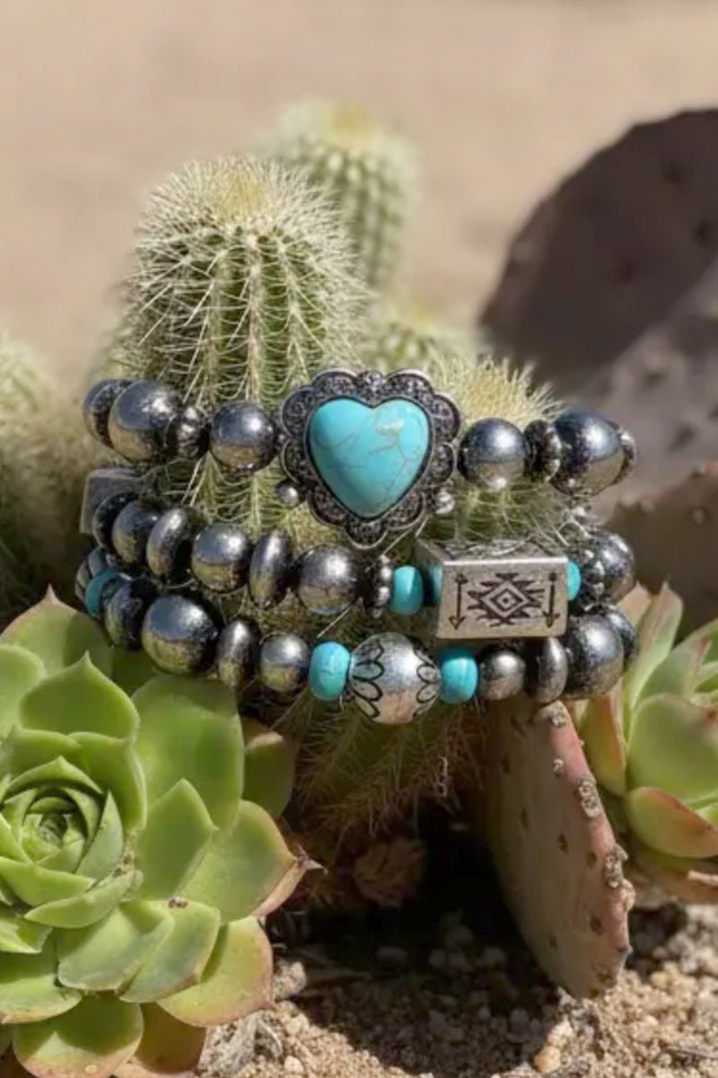 Trailheart Turquoise & Silver Pearl Bracelet Set - Wholesale Accessory Market