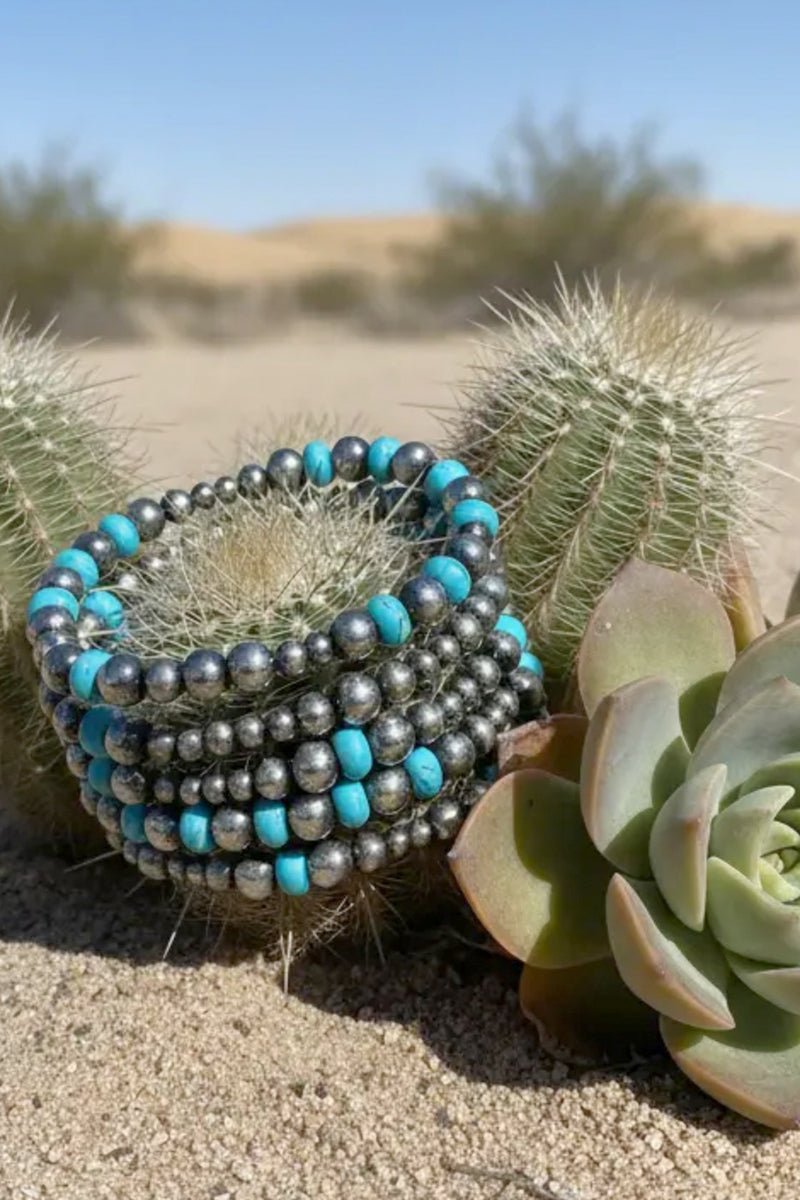 Marianna Turquoise & Silver Pearl Bracelet Set - Wholesale Accessory Market