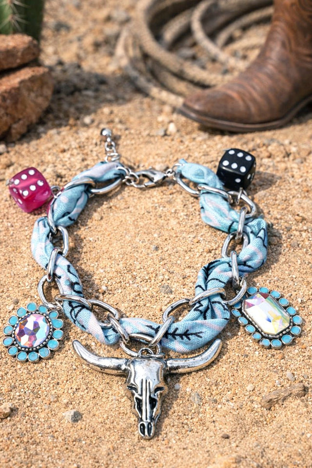 High Roller Steer Blue Fabric Chain Charm Bracelet - Wholesale Accessory Market