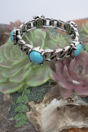 Turquoise Boulder City Link Silvertone Stretch Bracelet - Wholesale Accessory Market