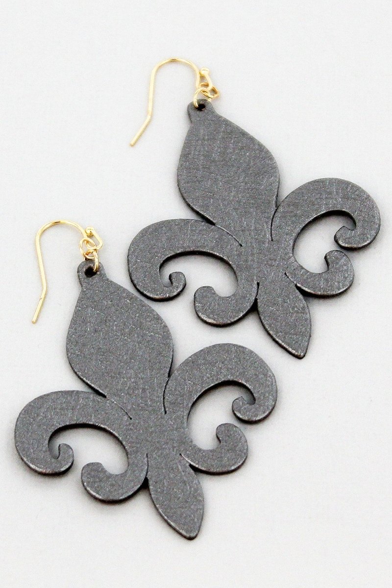 SALE! Hematite Faux Textured Leather Fleur de Lis Earrings - Wholesale Accessory Market
