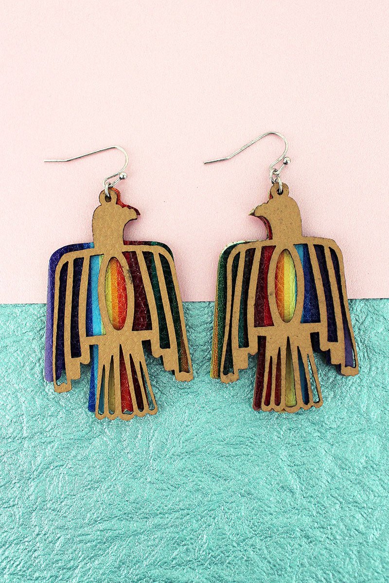 SALE! Layered Brown and Serape Faux Leather Thunderbird Earrings - Wholesale Accessory Market