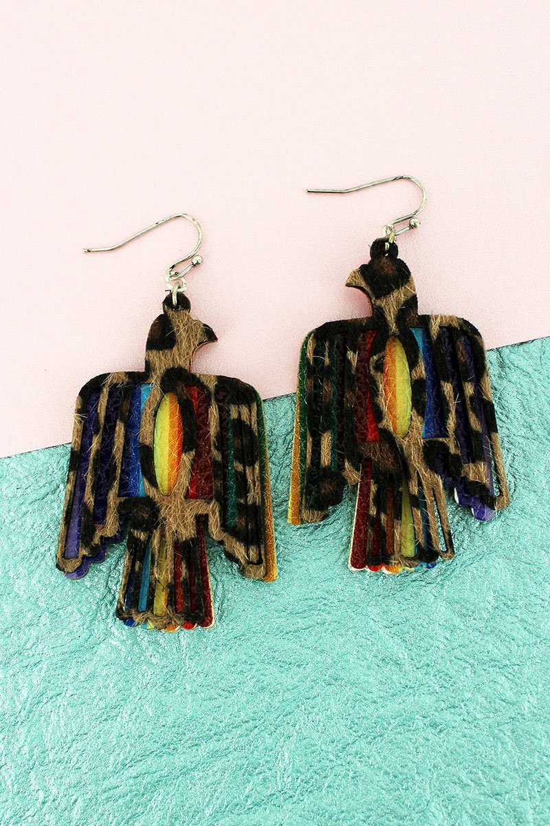 SALE! Layered Leopard and Serape Faux Leather Thunderbird Earrings - Wholesale Accessory Market