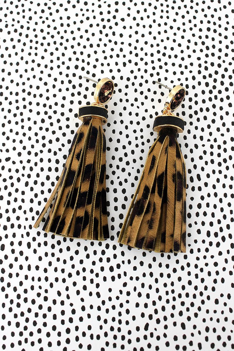 SALE! Brown Glitter Disk Leopard Tassel Earrings - Wholesale Accessory Market