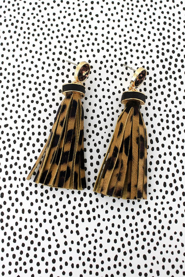 SALE! Brown Glitter Disk Leopard Tassel Earrings - Wholesale Accessory Market