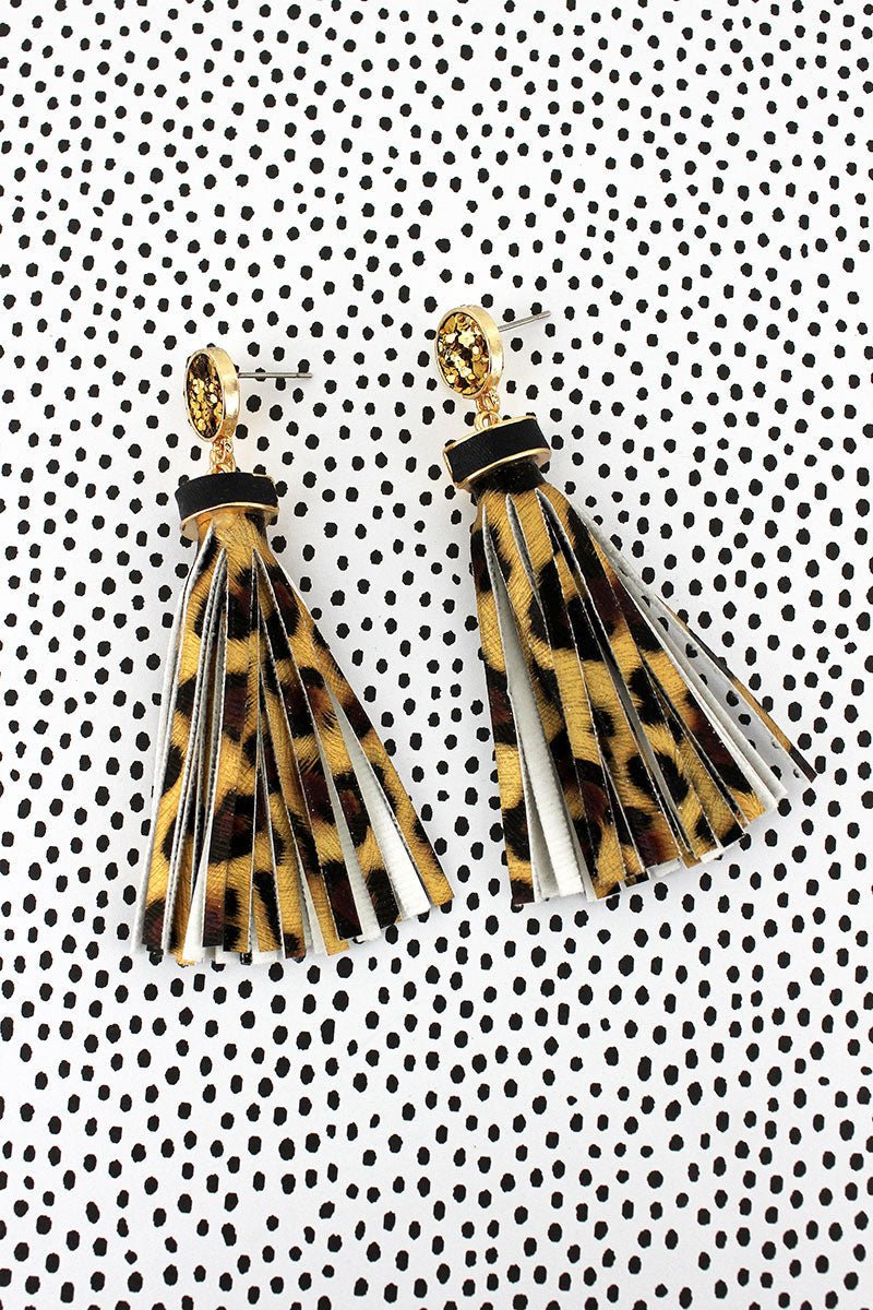 SALE! Gold Glitter Disk Leopard Tassel Earrings - Wholesale Accessory Market