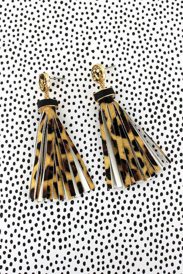 SALE! Gold Glitter Disk Leopard Tassel Earrings - Wholesale Accessory Market