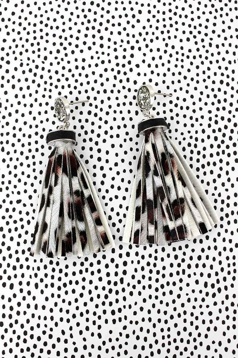 SALE! Silver Glitter Disk Leopard Tassel Earrings - Wholesale Accessory Market