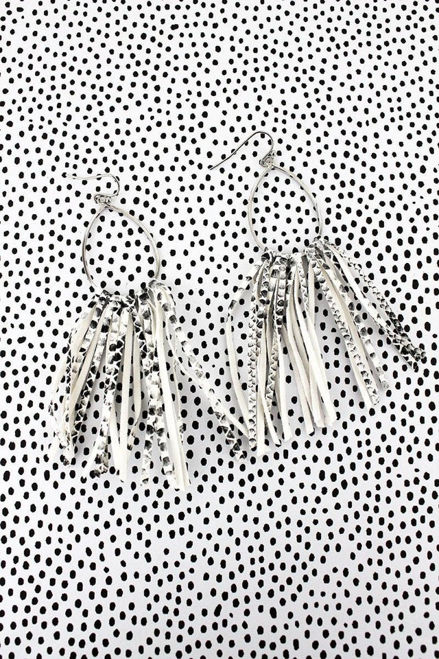 SALE! Silvertone and Gray Snakeskin Fringe Earrings - Wholesale Accessory Market