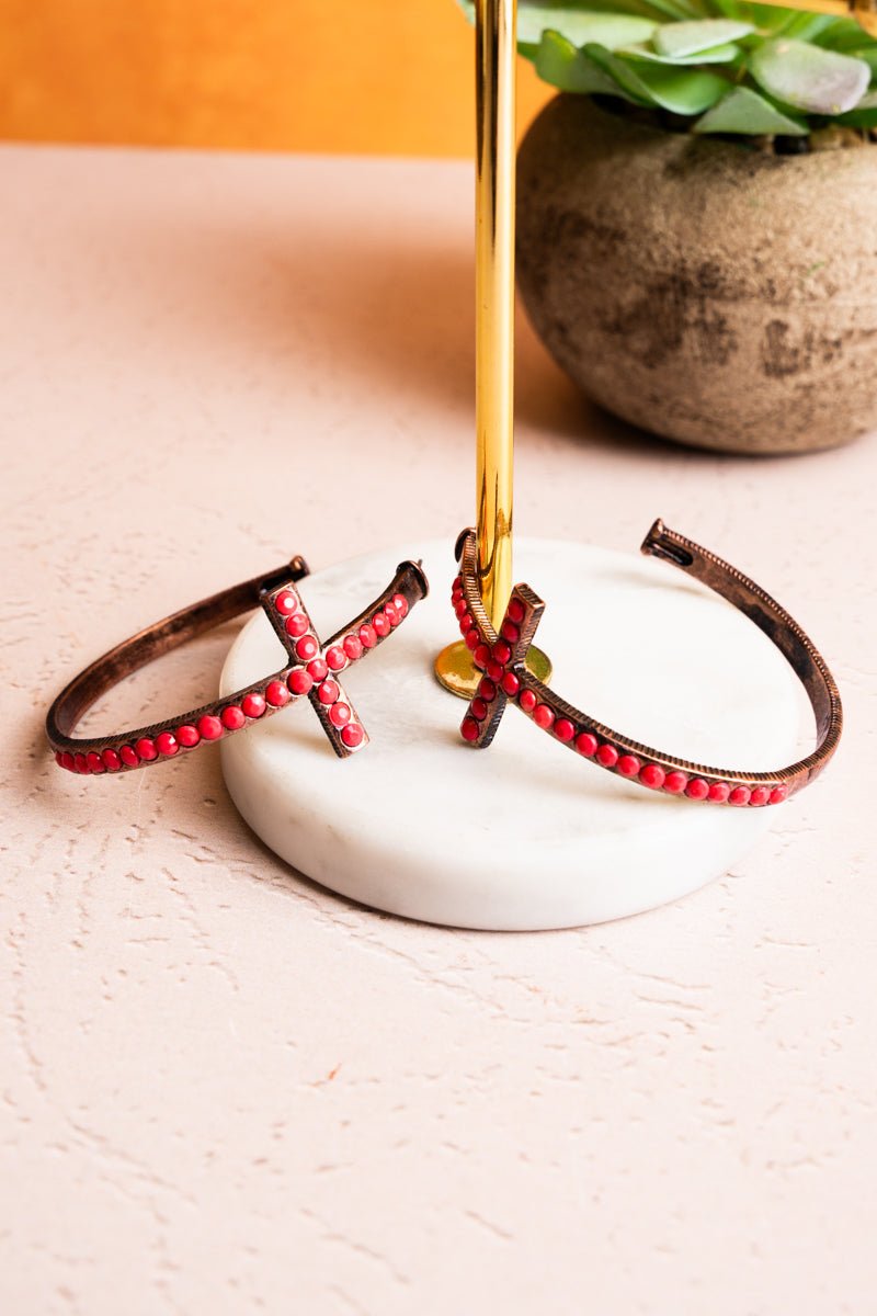 SALE! Coral Crystal Cross Coppertone Hoop Earrings - Wholesale Accessory Market