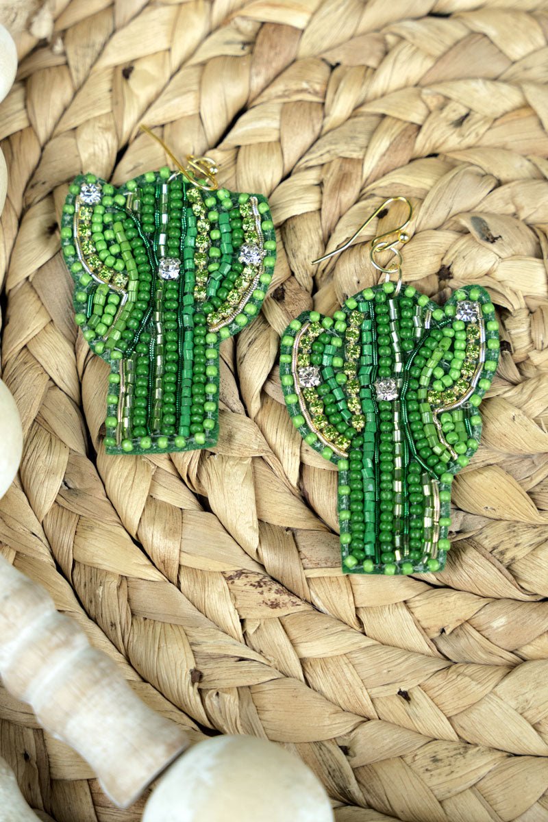 SALE! Green Crystal and Seed Bead Cactus Earrings - Wholesale Accessory Market