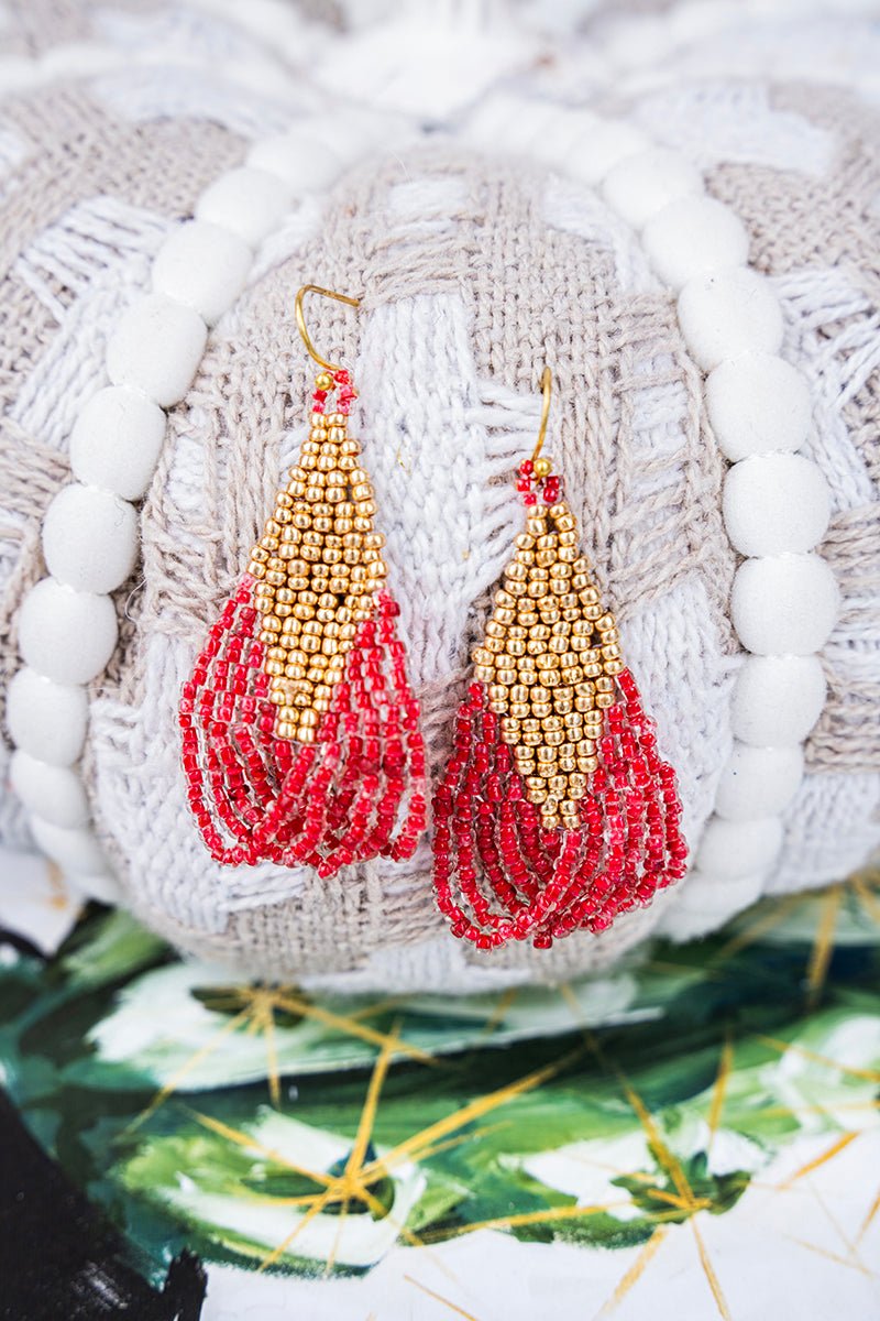 SALE! Red and Gold Seed Bead Fringe Earrings - Wholesale Accessory Market