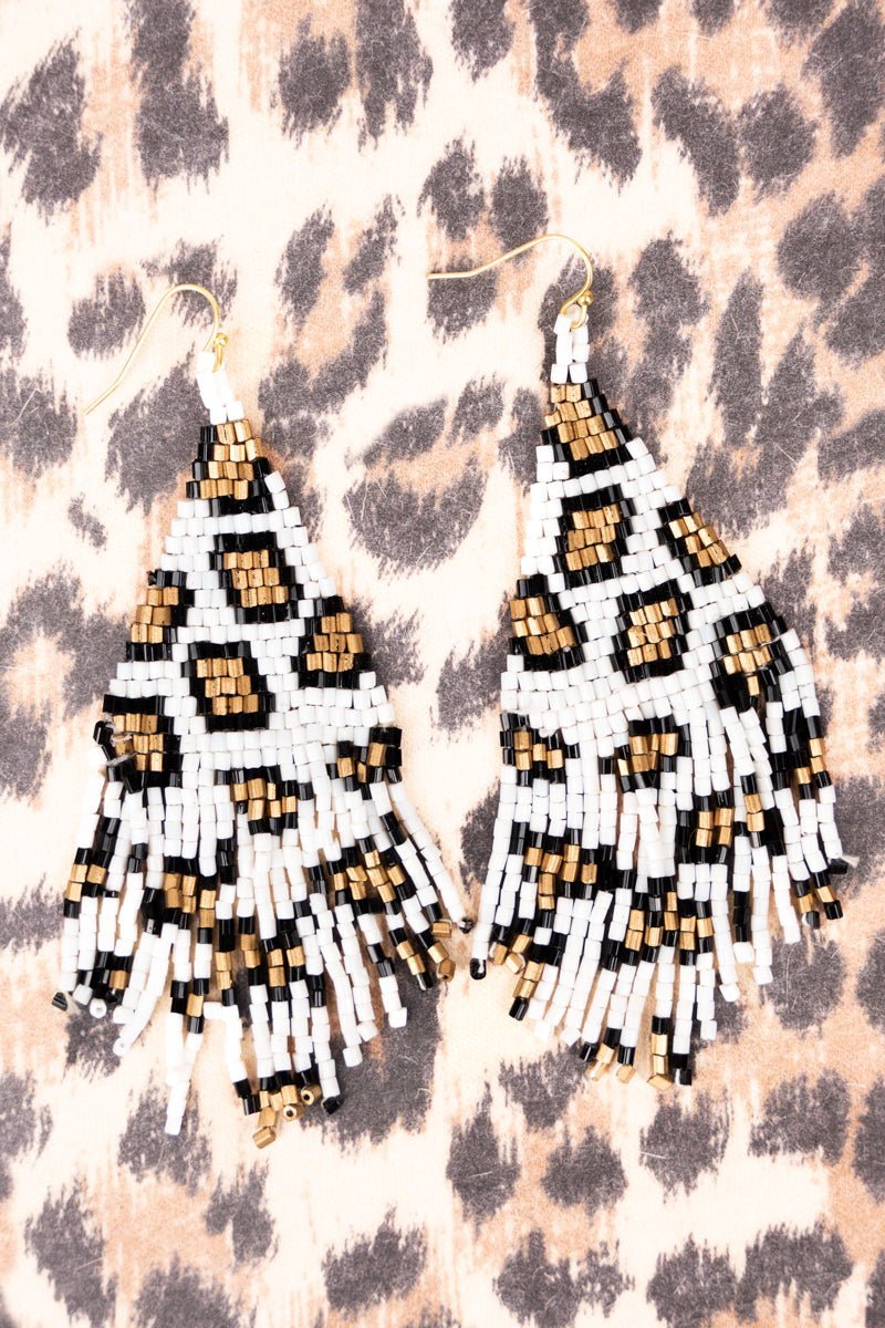 SALE! Shadow Canyon White Leopard Seed Bead Fringe Earrings - Wholesale Accessory Market
