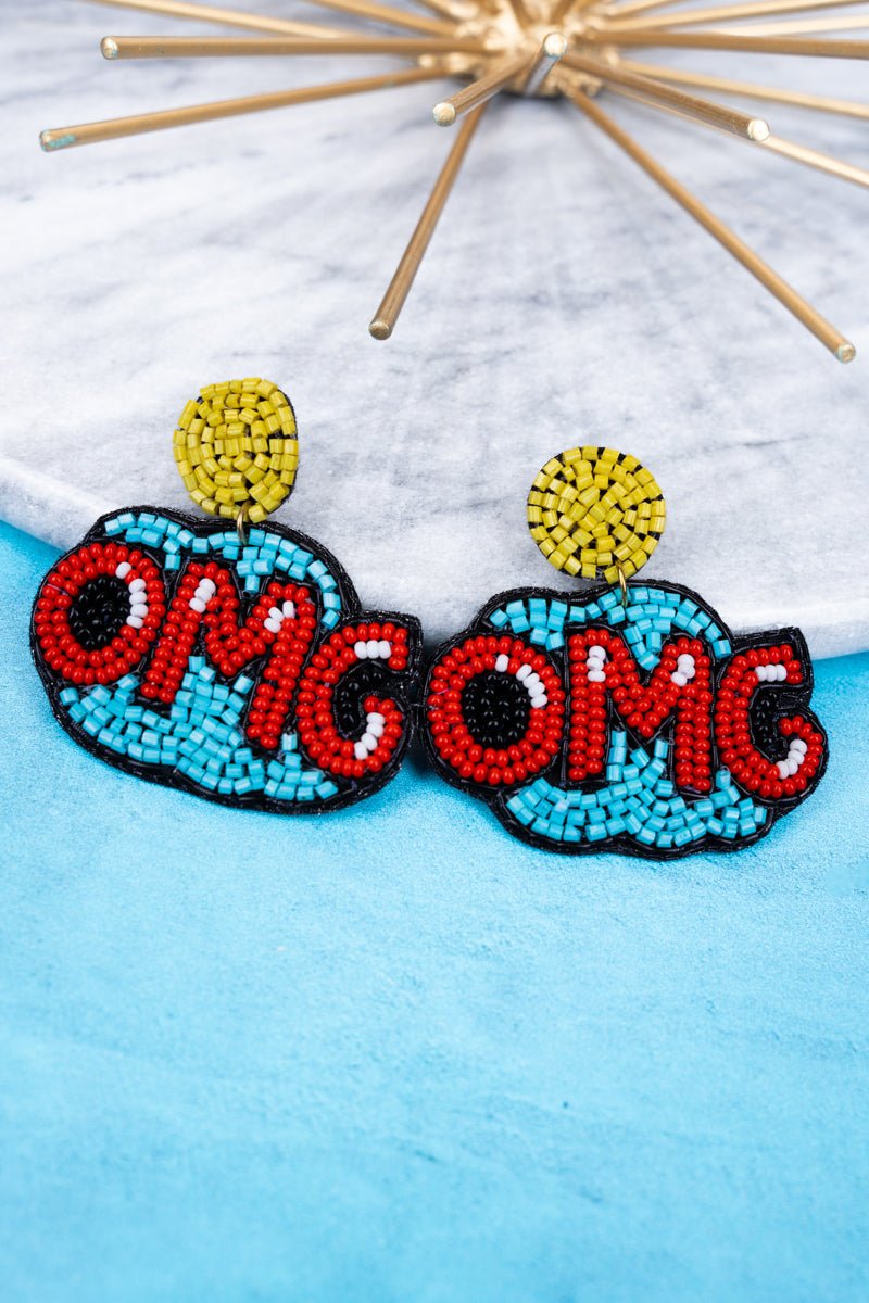 SALE! Red & Light Blue 'OMG' Seed Bead Earrings - Wholesale Accessory Market