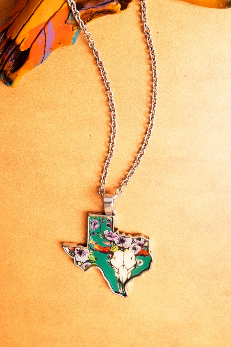 SALE! Silvertone Turquoise Print Texas Necklace - Wholesale Accessory Market