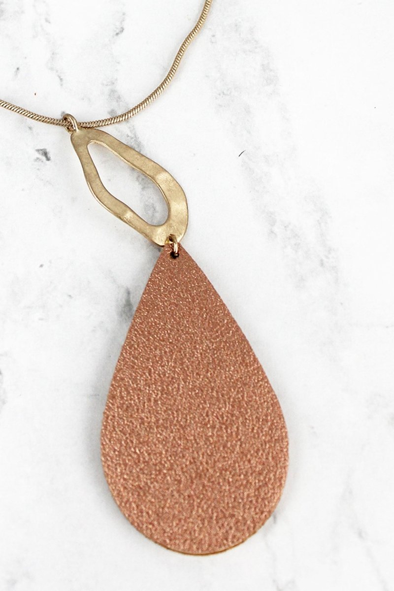 SALE! Rose Gold Faux Leather Geo Teardrop Pendant Necklace - Wholesale Accessory Market