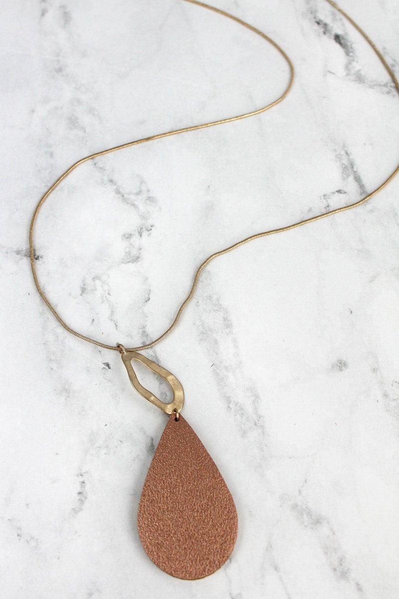 SALE! Rose Gold Faux Leather Geo Teardrop Pendant Necklace - Wholesale Accessory Market