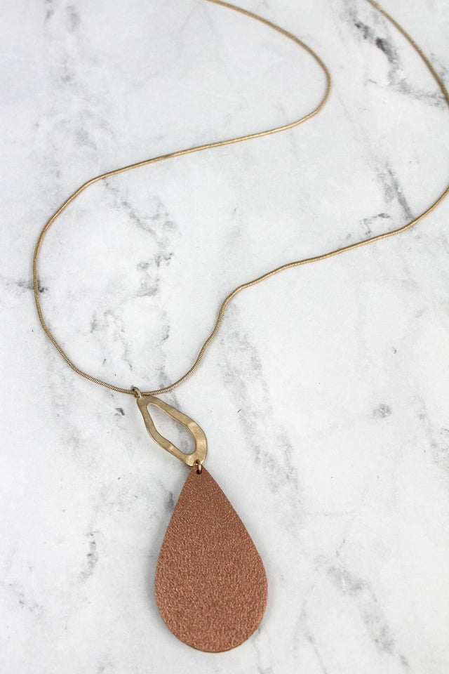 SALE! Rose Gold Faux Leather Geo Teardrop Pendant Necklace - Wholesale Accessory Market