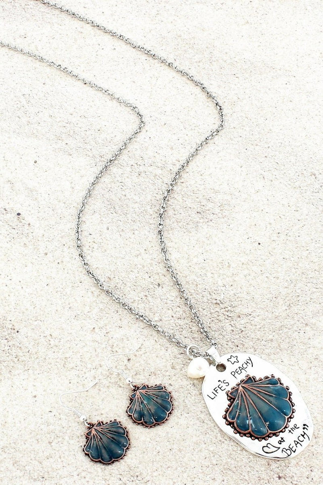 SALE! Ocean Blue Seashell 'At The Beach' Pendant Necklace and Earring Set - Wholesale Accessory Market