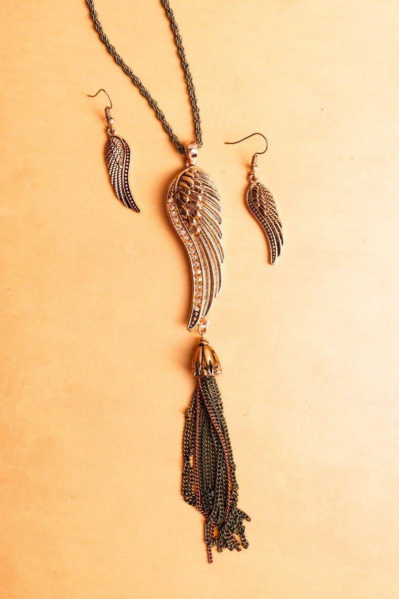 SALE! Multi-Tone Crystal Wing and Tassel Pendant Necklace and Earring Set - Wholesale Accessory Market