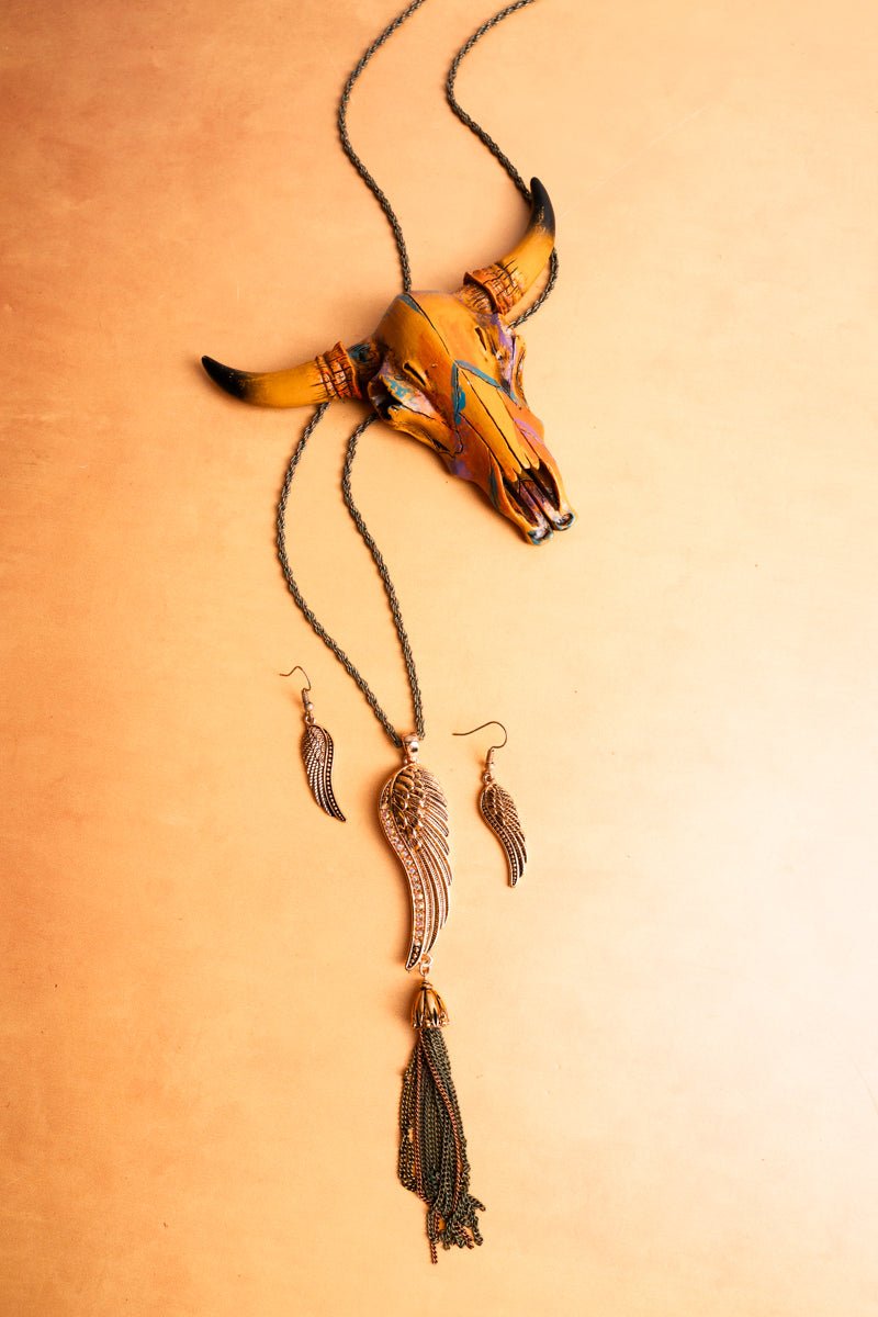 SALE! Multi-Tone Crystal Wing and Tassel Pendant Necklace and Earring Set - Wholesale Accessory Market