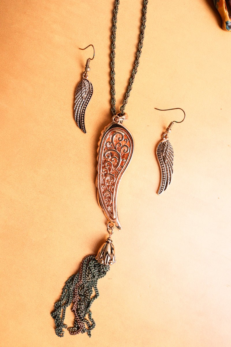 SALE! Multi-Tone Crystal Wing and Tassel Pendant Necklace and Earring Set - Wholesale Accessory Market