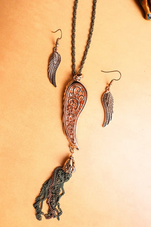 SALE! Multi-Tone Crystal Wing and Tassel Pendant Necklace and Earring Set - Wholesale Accessory Market