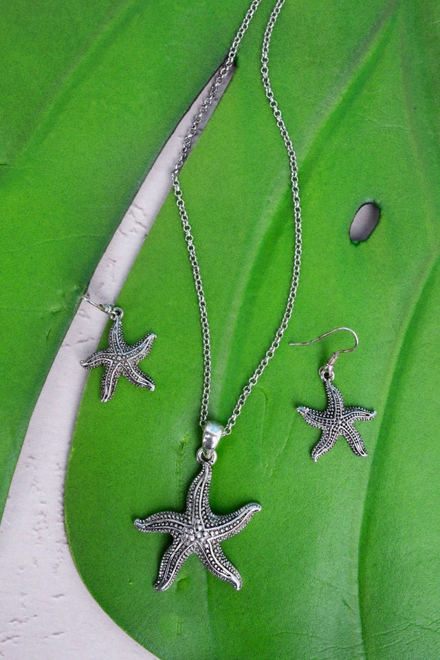 SALE! Textured Silvertone Starfish Necklace and Earring Set - Wholesale Accessory Market