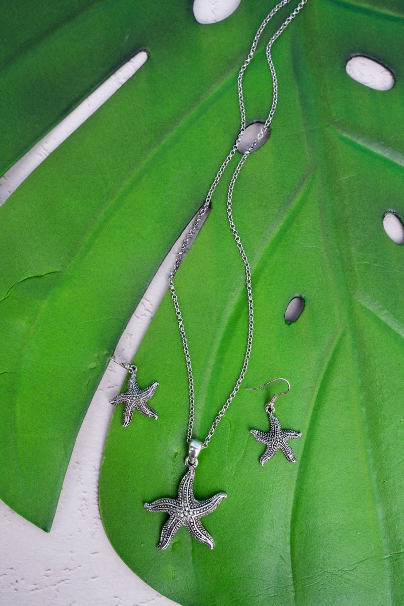 SALE! Textured Silvertone Starfish Necklace and Earring Set - Wholesale Accessory Market