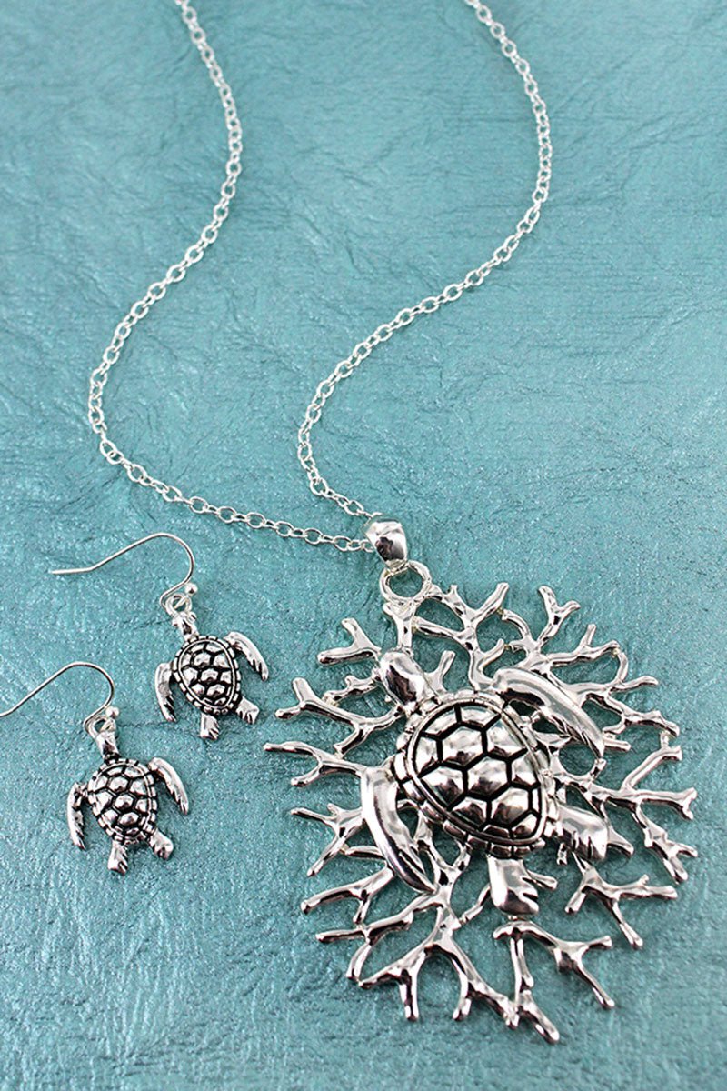 SALE! Silvertone Turtle on Coral Pendant Necklace and Earring Set - Wholesale Accessory Market