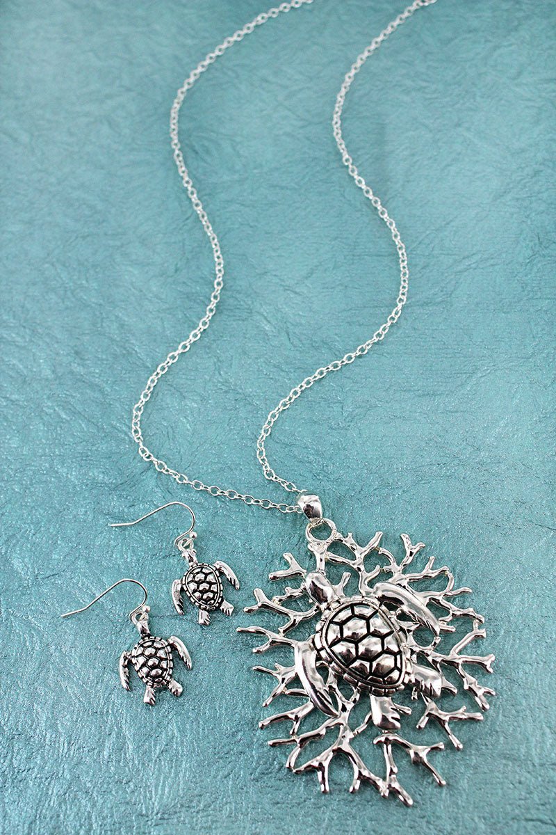 SALE! Silvertone Turtle on Coral Pendant Necklace and Earring Set - Wholesale Accessory Market