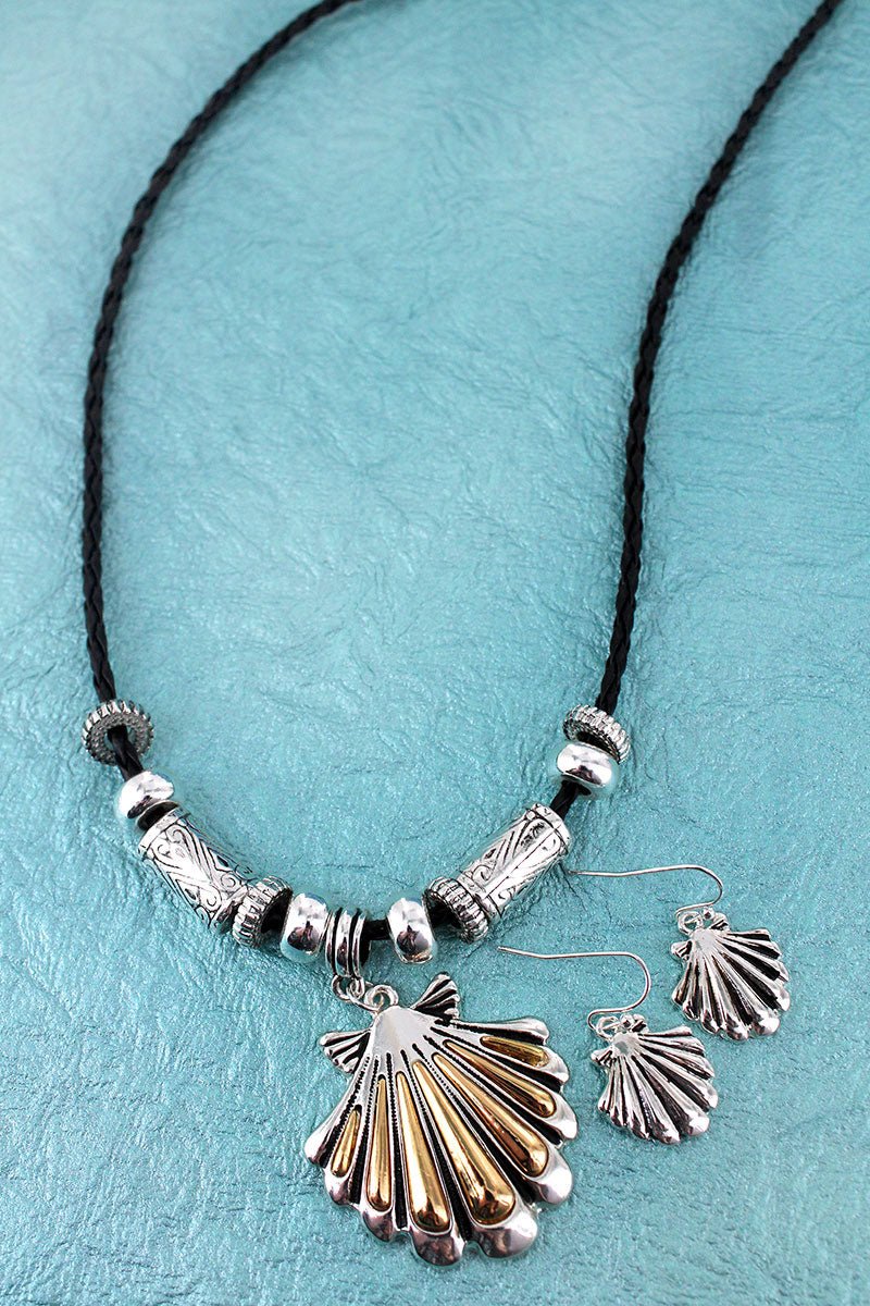 SALE! Two - Tone Seashell Pendant Black Cord Necklace and Earring Set - Wholesale Accessory Market