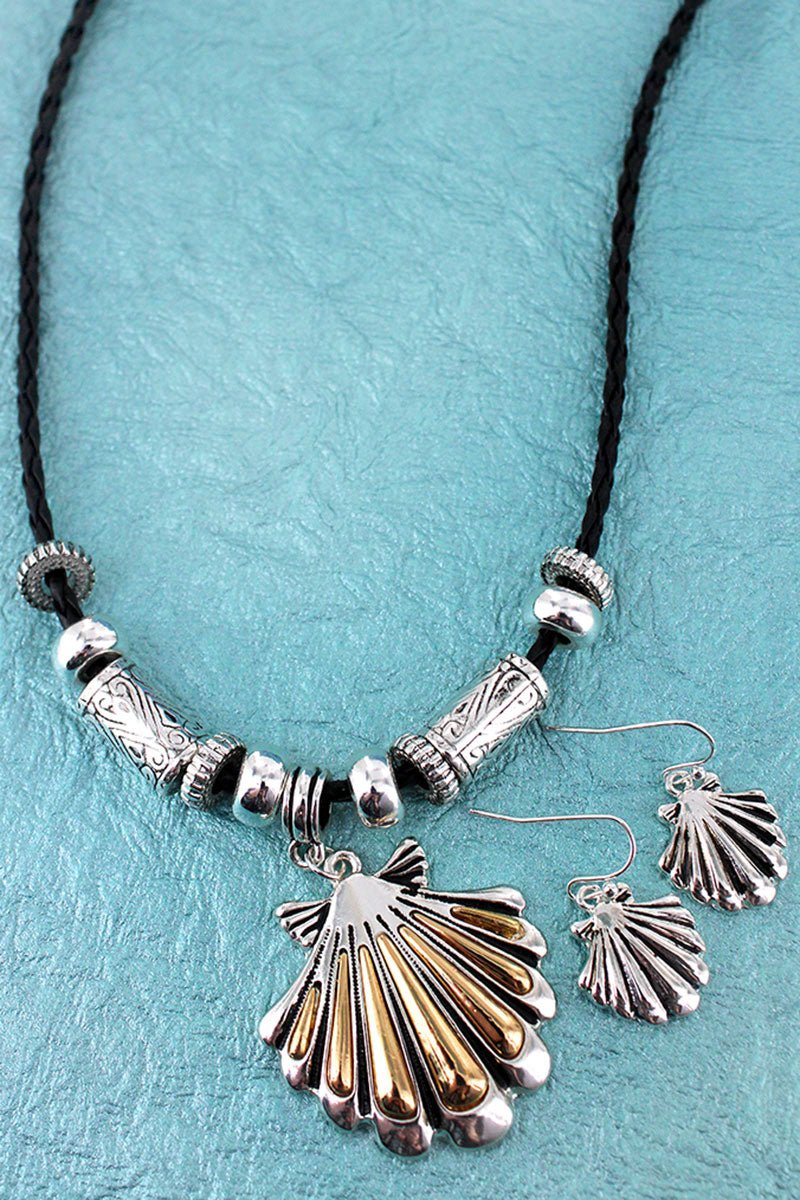 SALE! Two - Tone Seashell Pendant Black Cord Necklace and Earring Set - Wholesale Accessory Market