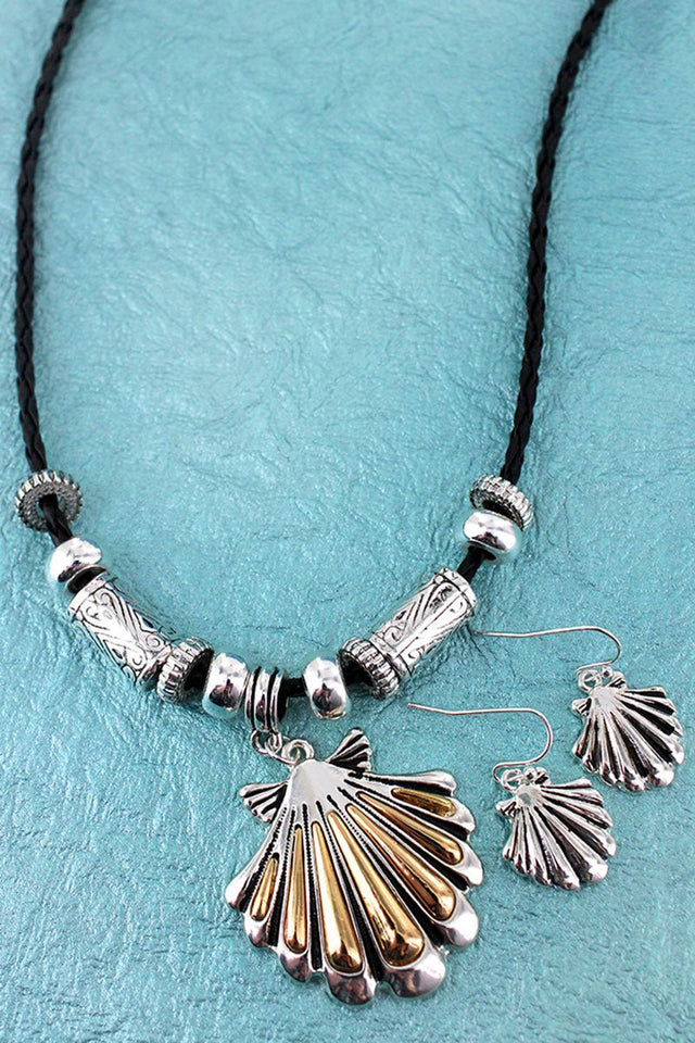 SALE! Two - Tone Seashell Pendant Black Cord Necklace and Earring Set - Wholesale Accessory Market
