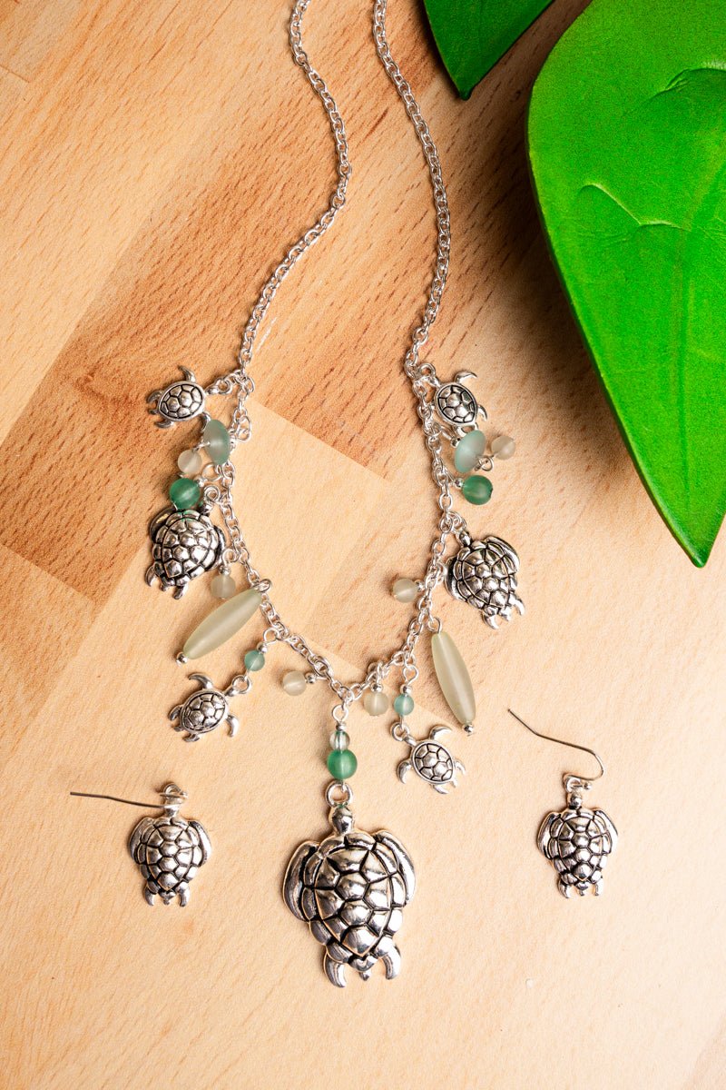 SALE! Mint Sea Glass Turtle Charm Necklace and Earring Set - Wholesale Accessory Market
