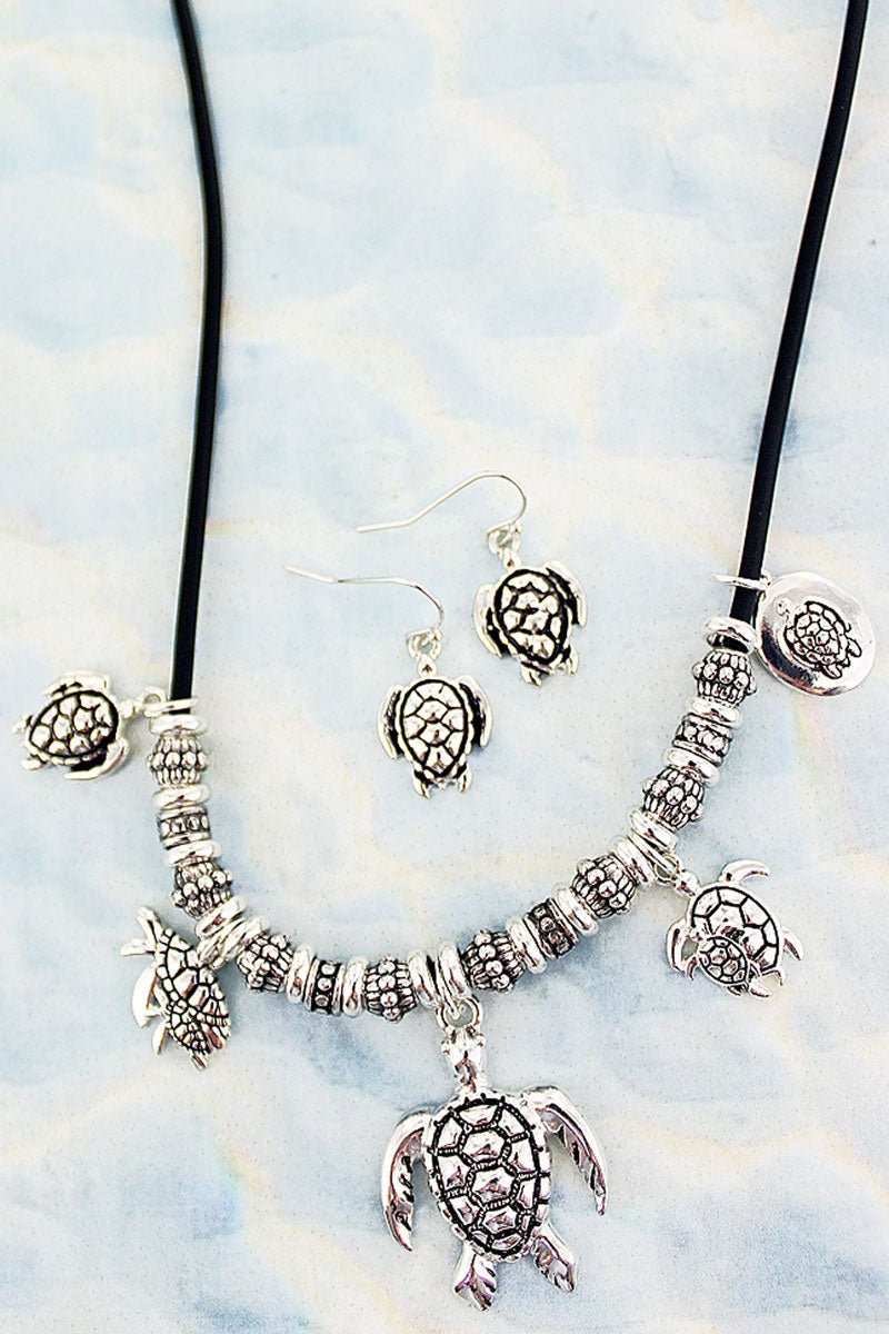 SALE! Silvertone Turtle Sliding Bead Cord Necklace and Earring Set - Wholesale Accessory Market