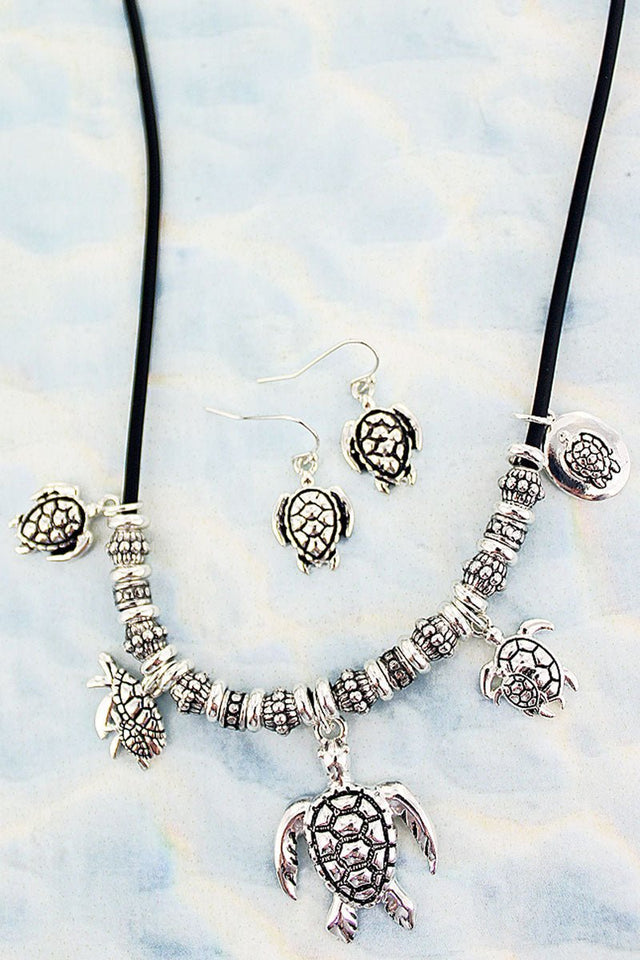 SALE! Silvertone Turtle Sliding Bead Cord Necklace and Earring Set - Wholesale Accessory Market