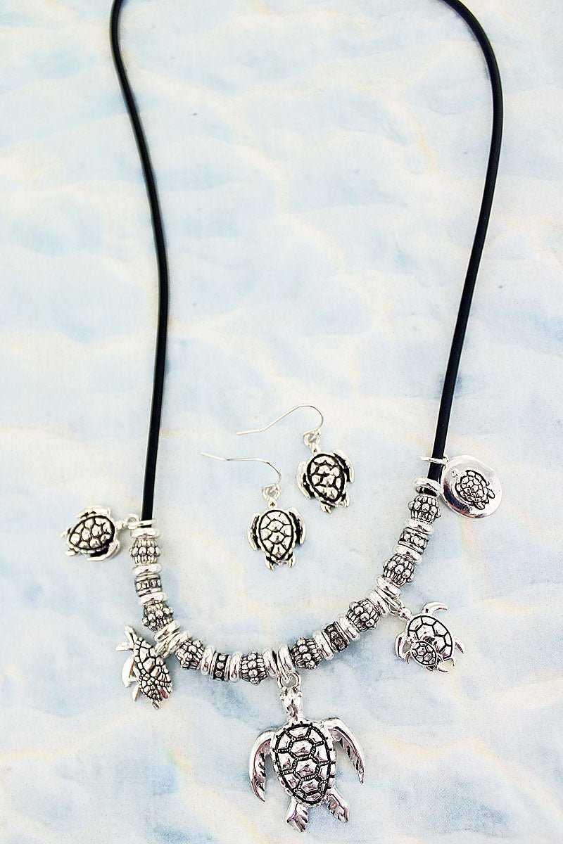 SALE! Silvertone Turtle Sliding Bead Cord Necklace and Earring Set - Wholesale Accessory Market