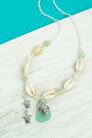 SALE! Mint Cowrie Beach Turtle Necklace and Earrings Set - Wholesale Accessory Market
