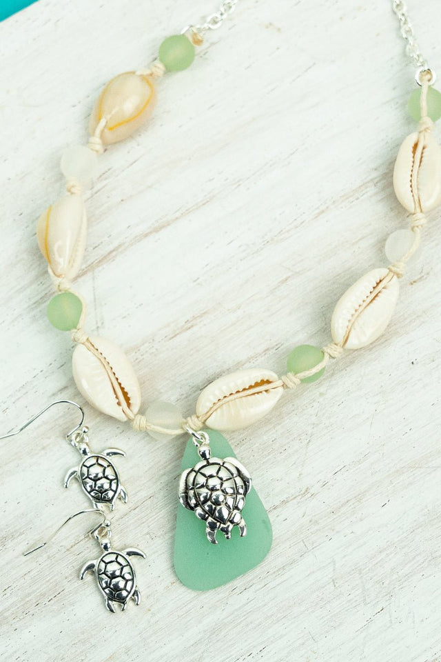 SALE! Mint Cowrie Beach Turtle Necklace and Earrings Set - Wholesale Accessory Market