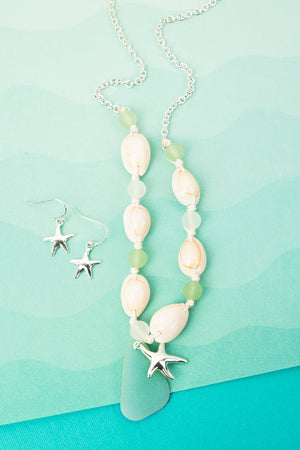 SALE! Mint Cowrie Beach Starfish Necklace and Earrings Set - Wholesale Accessory Market